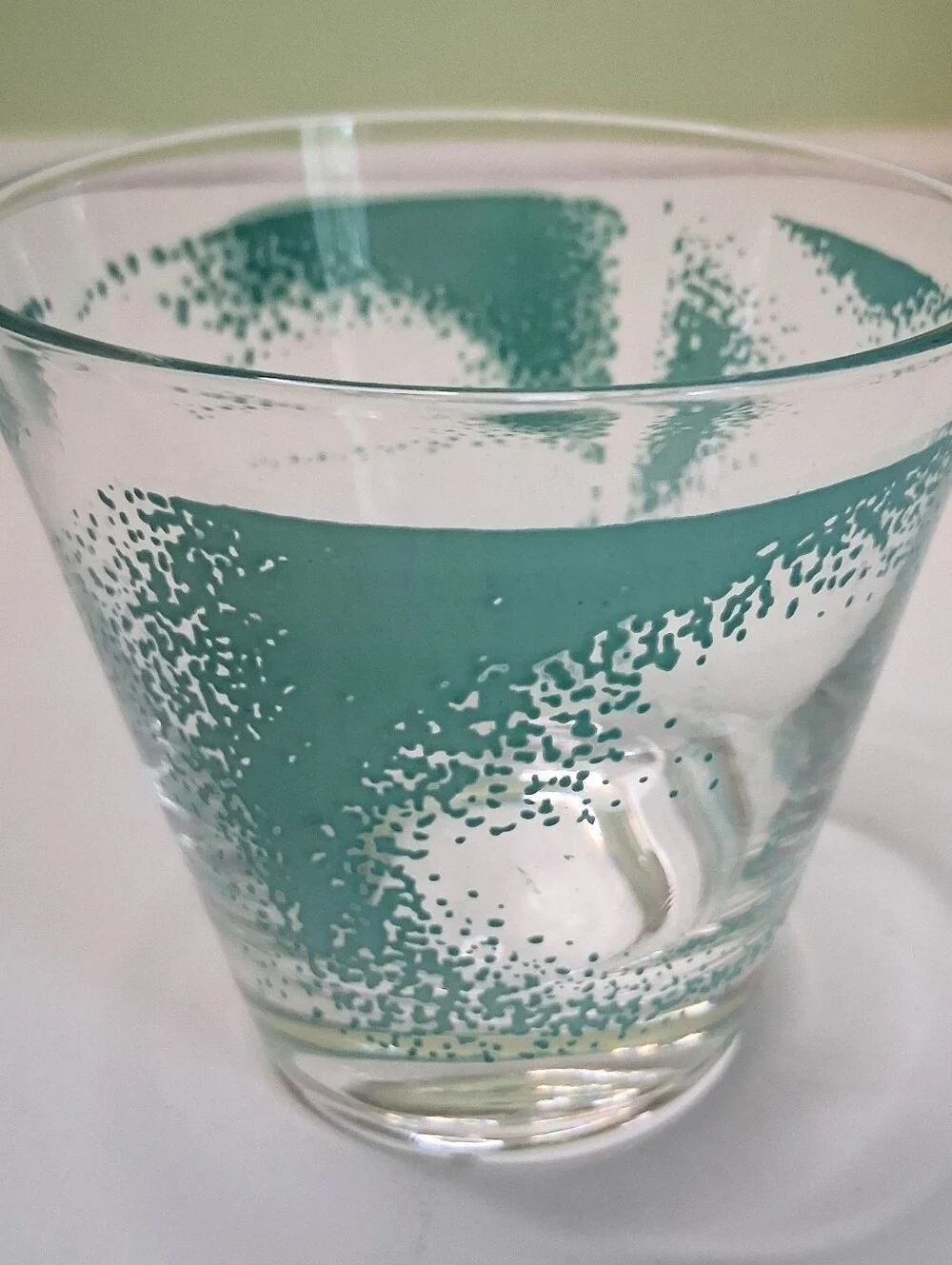 Vintage Fred Press Signed Teal Stipple Rocks Glass MCM Mid Century Barware